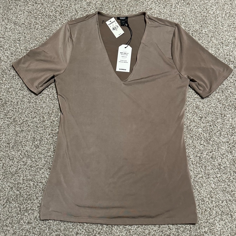 Express Brown V-Neck Short Sleeve Top